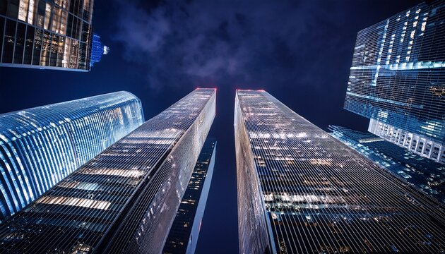 night metropolis skyscrapers reaching for the sky a low angle view of modern architecture