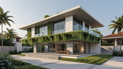 Fototapeta premium Modern tropical house adorned with lush greenery