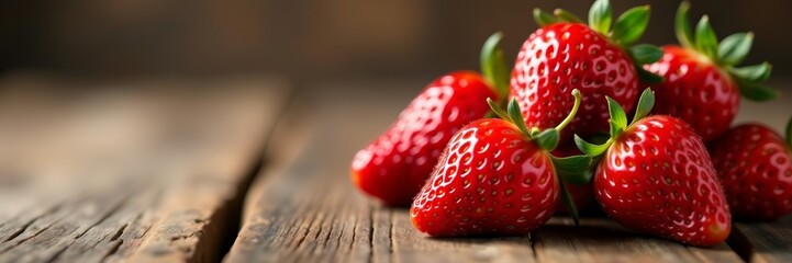 Close-up of fresh strawberries on a wooden table, delicious, fruit