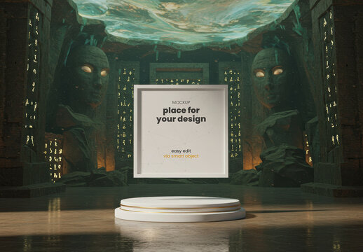 Square Frame Poster Mockup Floating on Rock Temple with Totem Fases