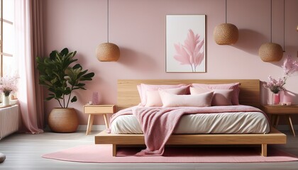 modern bedroom interior with wooden bed and soft pink decor