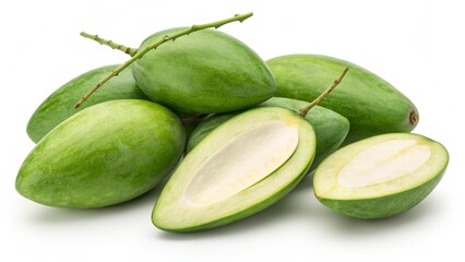 Green mangoes cluster of unripe fruit isolated on transparent background