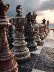 Wide-Angle View of Chess Pieces on Horizon under Fiery Sunset Sky Representing Battle, Strategy, and Tension