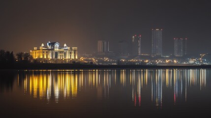 Obraz premium Night cityscape reflection on calm water, illuminated buildings and skyscrapers, serene atmosphere