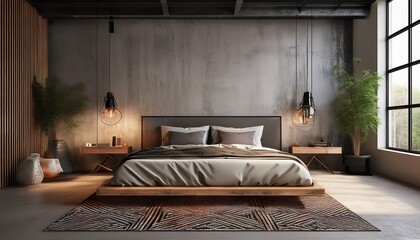 modern industrial style bedroom interior with concrete walls and a metal bed frame the space is accented by warm wood tones and a geometric rug generative ai