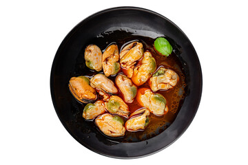 Mussels seafood canned appetizer dish organic fresh tasty gourmet food background on the table rustic food top view copy space