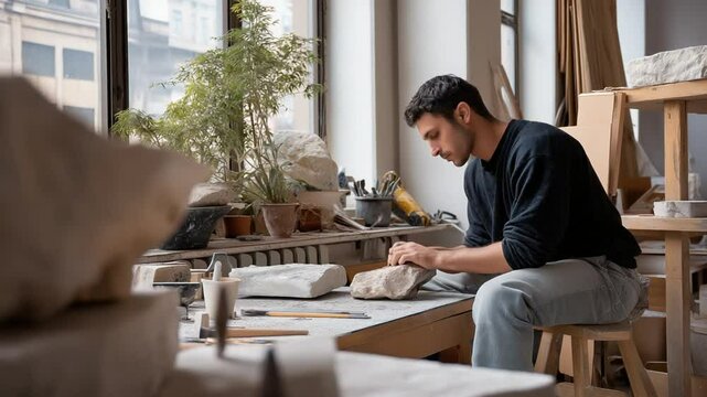 Artist skillfully chisels stone in a busy studio, capturing the essence of the creative process.