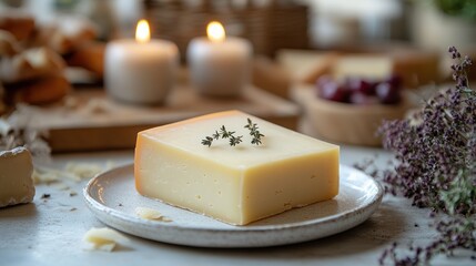 Cheese block on plate with candles and decorative elements in soft focus background.