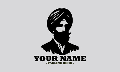 Elegant monochromatic silhouette portrait of a Sikh man in profile, featuring a neatly tied turban and a distinguished beard. man wearing a turban vector illustration and logo man wearing a turban