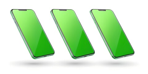 Green Screen Smartphone Mockup: Three modern smartphones with vibrant green screens, arranged in a dynamic perspective, perfect for app presentations or showcasing designs. 
