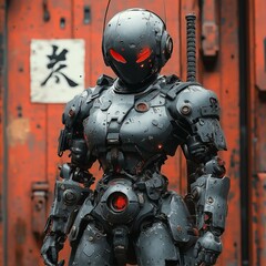 Cybernetic Guardian Futuristic Robot Samurai Protecting Post Apocalyptic World Cyberpunk Aesthetics