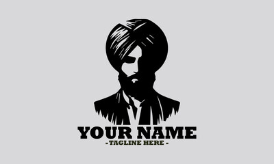 Elegant monochromatic silhouette portrait of a Sikh man in profile, featuring a neatly tied turban and a distinguished beard. man wearing a turban vector illustration and logo man wearing a turban