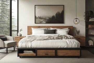 Modern industrial-style wooden bed frame with storage drawers, shelves, black metal legs, natural light, stylish armchair, and nature view.