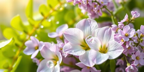 Obraz premium Honeydew green and pastel lavender floral arrangement with morning dew on petals; soft light , blurred background, lavender