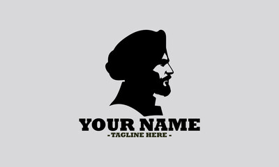 Elegant monochromatic silhouette portrait of a Sikh man in profile, featuring a neatly tied turban and a distinguished beard. man wearing a turban vector illustration and logo man wearing a turban