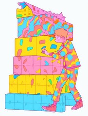Colorful Stack Balance Act Young Person with Patterned Outfit Holding Pile of Boxes Whimsical Illustration