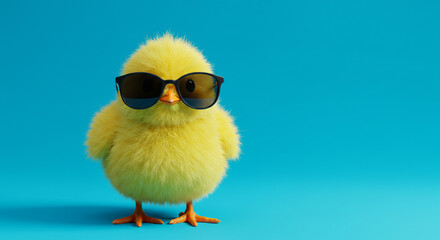 Fototapeta premium Cute Yellow Chick Wearing Sunglasses on Blue Background