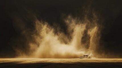 Dust trails behind high-speed combine on golden crop field