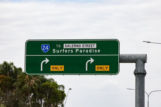 Green traffic sign leading to Surfers Paradise on the Gold Coast