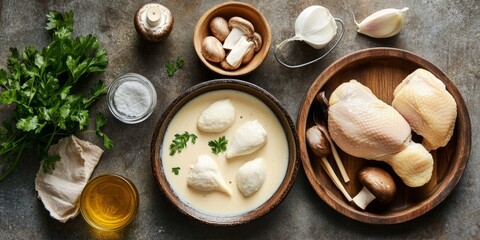 Creamy Chicken Soup with Mushrooms and Parsley Preparation on Rustic Tabletop Display Image