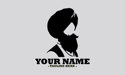 Elegant monochromatic silhouette portrait of a Sikh man in profile, featuring a neatly tied turban and a distinguished beard. man wearing a turban vector illustration and logo man wearing a turban