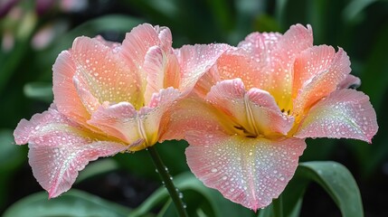 Two delicate, peach-colored tulips with water droplets, showcasing intricate petals and subtle yellow highlights