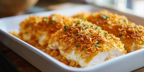 Crispy Coated Chicken Breast Dish Preparation Ready to Serve Culinary Presentation Close Up Food