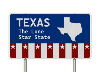 Texas map with stars on a US red, white and blue road sign