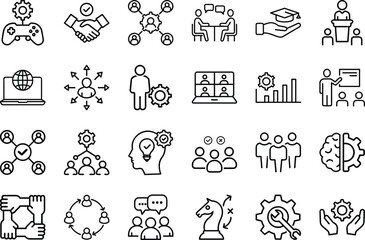 Workshop and Team Collaboration Icons Set – Line Art Vector Illustration