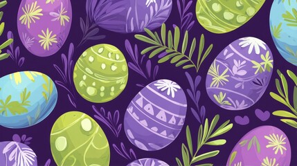 Decorated Easter Eggs Pattern with Floral Details in Purple Green and Blue Festive Celebration