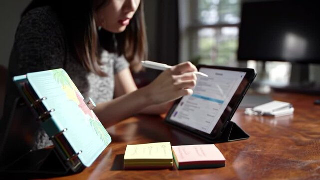 Young woman studies on tablet while organizing notes at home
