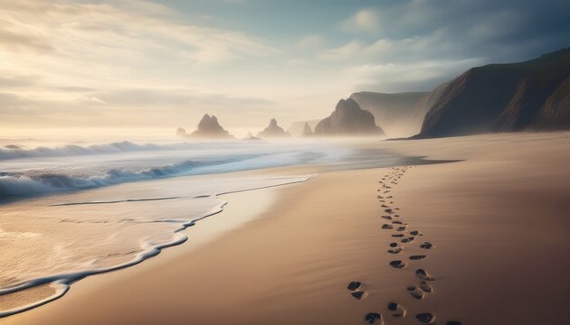 moody coastal scene with footprints trailing along a sandy beach waves rolling towards the shore and a foggy soft toned landscape with distant rocky coastline generative ai - Powered by Adobe