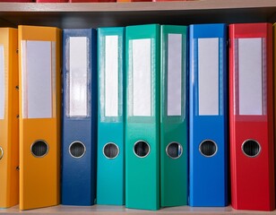 multicolored new segregator folders stand on a shelf in a modern office