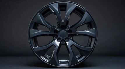 Fototapeta premium Front-facing view of luxury alloy wheel on smooth black-to-gray gradient