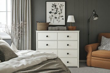 Modern white chest of drawers with six drawers, featuring simple design, art print, and natural light in a cozy bedroom setting.