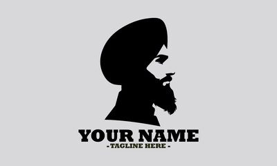 Elegant monochromatic silhouette portrait of a Sikh man in profile, featuring a neatly tied turban and a distinguished beard. man wearing a turban vector illustration and logo man wearing a turban