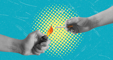 Modern art collage depicting a hand with a cigarette and a hand with a lighter.
