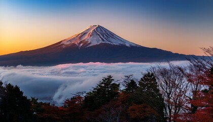 Fototapeta premium mount fuji sits majestically under a sunrise sky its peak dusted with snow while rolling clouds float below creating a serene and breathtaking scene