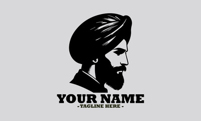 Elegant monochromatic silhouette portrait of a Sikh man in profile, featuring a neatly tied turban and a distinguished beard. man wearing a turban vector illustration and logo man wearing a turban