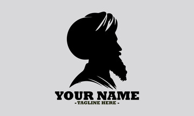 Elegant monochromatic silhouette portrait of a Sikh man in profile, featuring a neatly tied turban and a distinguished beard. man wearing a turban vector illustration and logo man wearing a turban