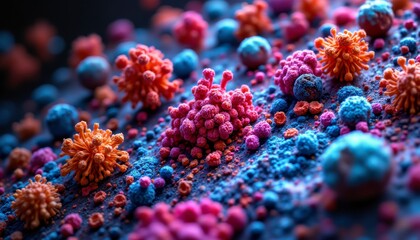 Microscopic study of colorful virus particles laboratory scientific image digital environment close-up view biology concept