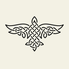 Raven in flight top view in celtic knot style. Viking symbolism. Black tribal animal tattoo. Vector illustration.