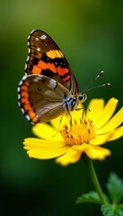 Obraz premium Macro shot of butterfly with striped wings perched on yellow bloom, summer, fuzzy, pattern