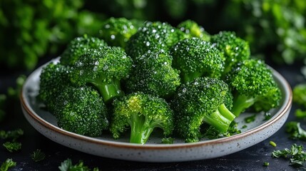 Steamed broccoli florets are arranged on a plate with green foliage background.