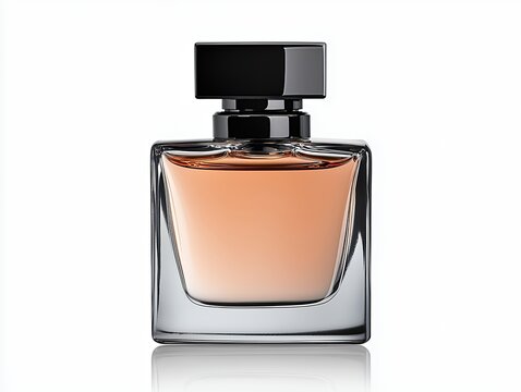 Light Brown Perfume Bottle with Black Cap on White Background