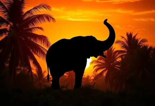 Majestic elephant silhouette overlaid on lush palm trees, tropical sunset glow, elephant silhouette, wildlife