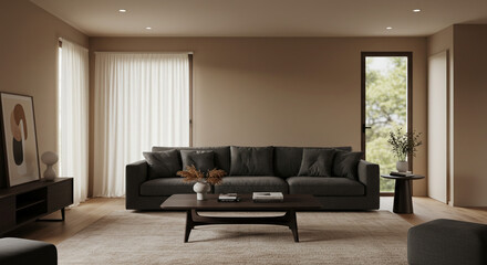 Modern Minimalist Living Room with Neutral Tones and Green Views