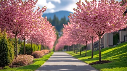 Naklejka premium Pink Blossom Pathway: A Serene Spring Stroll