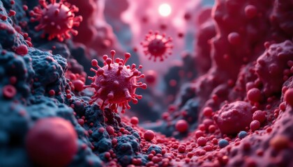 Covid-19 virus cells in detailed close-up lab environment scientific illustration microscopic viewpoint medical concept