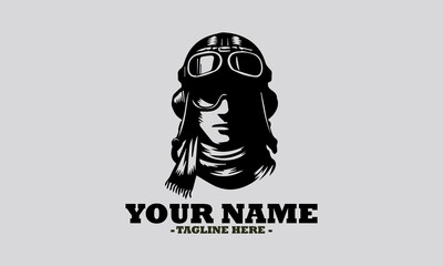 Classic monochromatic silhouette portrait of a pilot wearing a retro helmet, goggles, and scarf, in profile view. pilot wearing a retro helmet vector illustration and logo pilot wearing a retro helmet